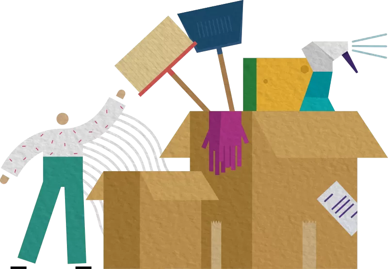man with boxes and cleaning tools